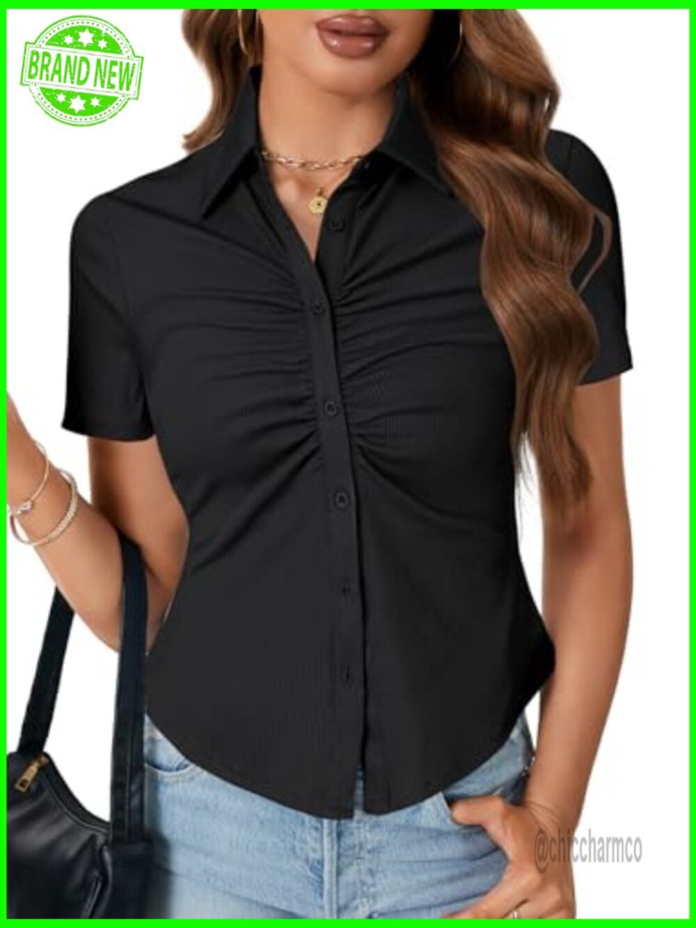 Women's Collar V-Neck Button Front Slim Fitted Ribbed Knit Short Sleeve Blouse - Picture 2 of 7
